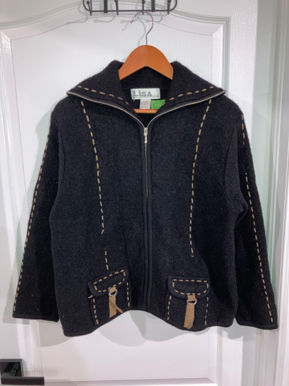 Black Wool Zip Up Jacket w/ Tan Contrast Stitching Lisa International - size L